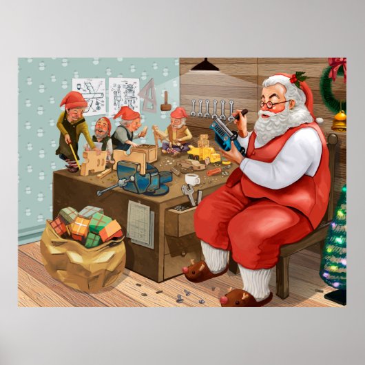 Santa en Elves die speelgoed maken | Kerstmis Poster (Voorkant)