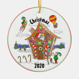 Santa en Elves in Gingerbrood House Comic Design Keramisch Ornament