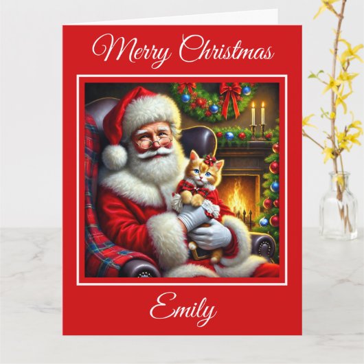 Santa en Ginger Kitten in Red Bow Kaart (Gele Bloem)