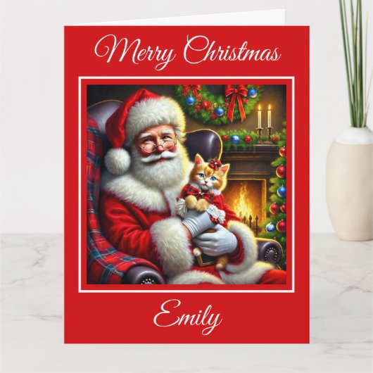 Santa en Ginger Kitten in Red Bow Kaart (Voorkant)