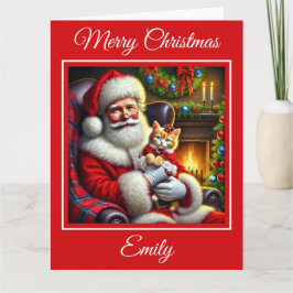 Santa en Ginger Kitten in Red Bow Kaart