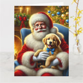 Santa en Golden Retriever Puppy met blauwe boog Kaart (Gele Bloem)