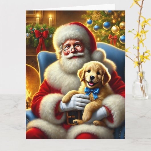 Santa en Golden Retriever Puppy met blauwe boog Kaart (Gele Bloem)