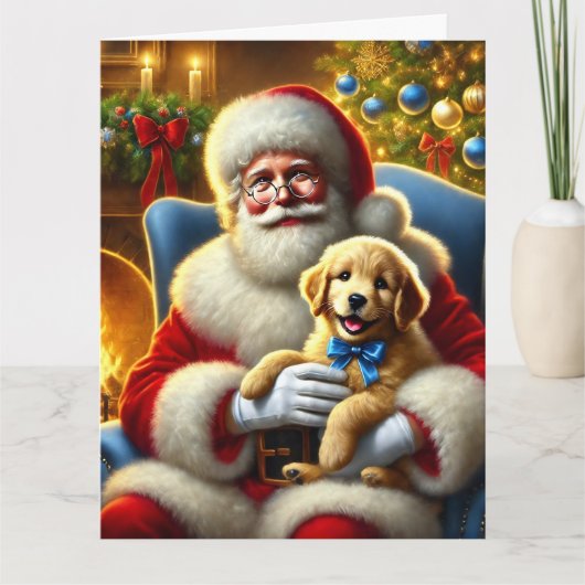 Santa en Golden Retriever Puppy met blauwe boog Kaart (Voorkant)
