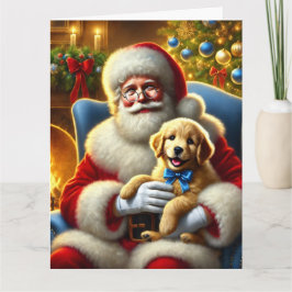 Santa en Golden Retriever Puppy met blauwe boog Kaart