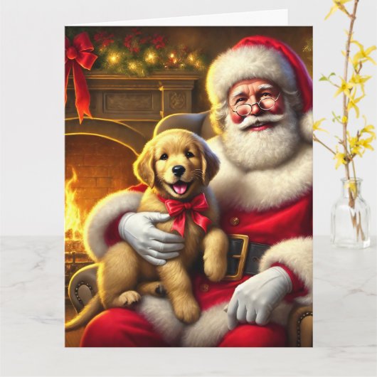 Santa en Golden Retriever Puppy met rode strik Kaart (Gele Bloem)