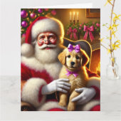 Santa en Golden Retriever Puppy met Roze strik Kaart (Gele Bloem)