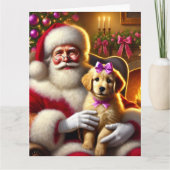 Santa en Golden Retriever Puppy met Roze strik Kaart (Voorkant)