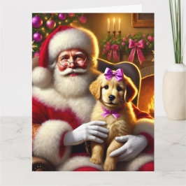 Santa en Golden Retriever Puppy met Roze strik Kaart