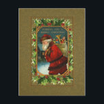 Santa en Holly Christmas Briefkaart<br><div class="desc">Victoriaans-era wenskaart digitaal gerepareerd en gerestaureerd tot levendige kleuren met  holly en gouden lijst op een antiek gouden damast achtergrond.</div>