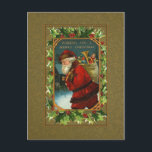 Santa en Holly Christmas Briefkaart<br><div class="desc">Victoriaans-era wenskaart digitaal gerepareerd en gerestaureerd tot levendige kleuren met  holly en gouden lijst op een antiek gouden damast achtergrond.</div>