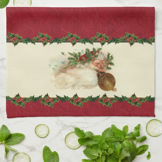  Santa en Holly keukenhanddoek (Gevouwen)