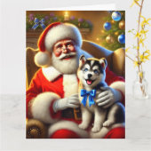 Santa en Husky Puppy met blauwe boog Kaart (Gele Bloem)