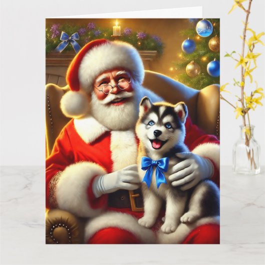 Santa en Husky Puppy met blauwe boog Kaart (Gele Bloem)