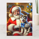 Santa en Husky Puppy met blauwe boog Kaart (Voorkant)
