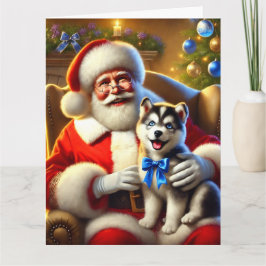 Santa en Husky Puppy met blauwe boog Kaart