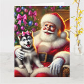 Santa en Husky Puppy met Roze strik Kaart (Gele Bloem)