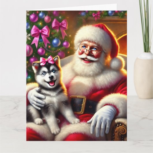 Santa en Husky Puppy met Roze strik Kaart (Voorkant)