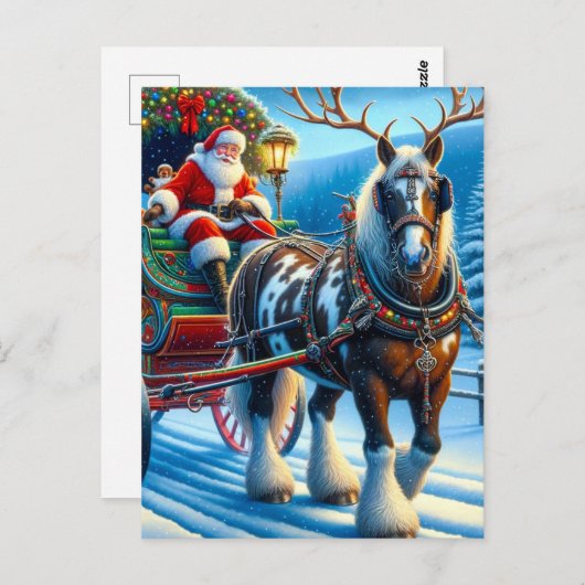 Santa en Ierse Cob Paard Met Antlers Briefkaart (Voorkant / Achterkant)