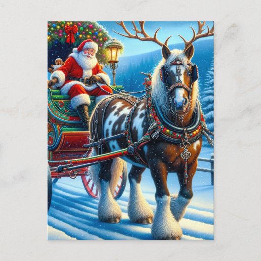 Santa en Ierse Cob Paard Met Antlers Briefkaart (Voorkant)