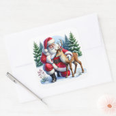 Santa en jonge rendieren in de winter vierkante sticker (Envelop)