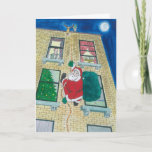 Santa en menorah feestdagen kaart<br><div class="desc">De Kerstman levert cadeaus in de Stad door de zijkant van het bouwen van een ouder dan een joodse huurder af te weren met een menorah in het raam.</div>