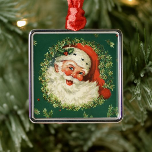  Santa en Pine Wreath Metalen Ornament (Boom)