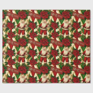  Santa en Poinsettias Collage Cadeaupapier