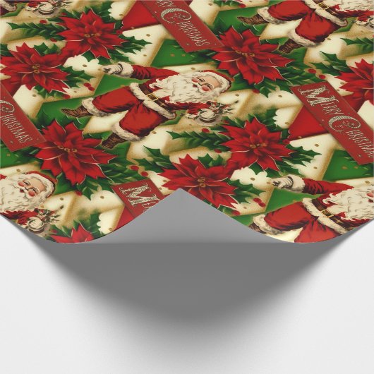  Santa en Poinsettias Collage Cadeaupapier (Hoek)