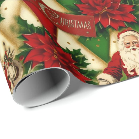 Santa en Poinsettias Collage Cadeaupapier (Rol Hoek)