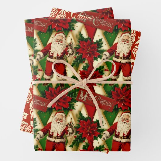  Santa en Poinsettias Collage Inpakpapier Vel (In situ)