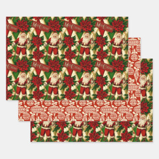 Santa en Poinsettias Collage Inpakpapier Vel