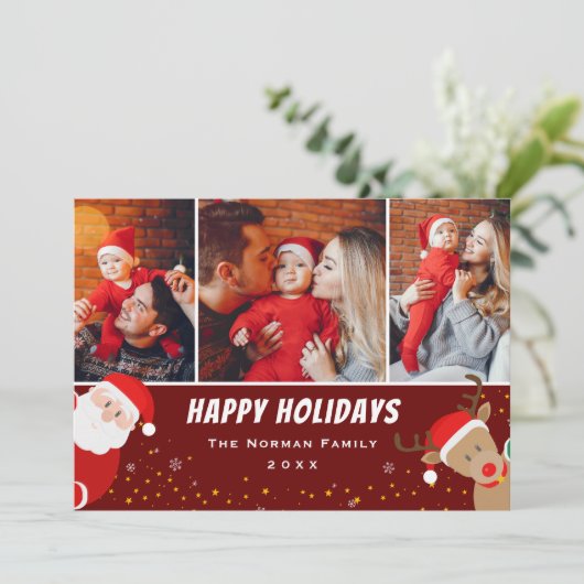 Santa en Reindeer Merry 3 Foto Feestdagenkaart (Staand voorkant)