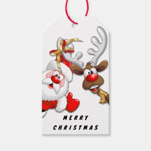Santa en Reindeer Merry Christmass Happy Cartoon Cadeaulabel (Voorkant)