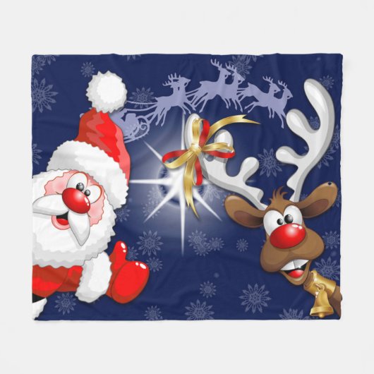 Santa en Reindeer Merry Christmass Happy Cartoon Fleece Deken (Voorkant (Horizontaal))
