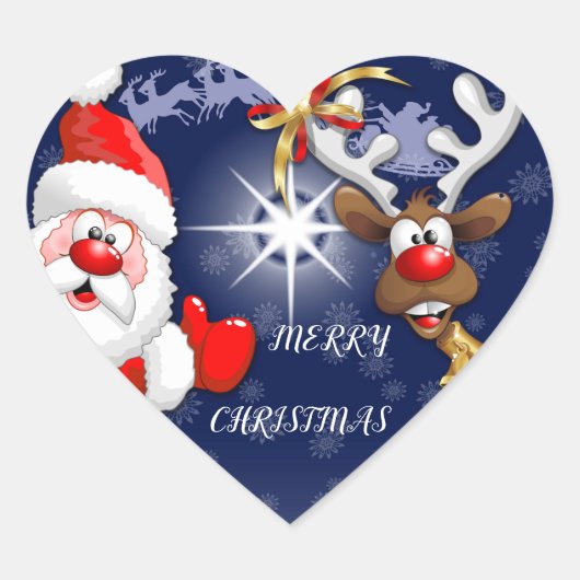 Santa en Reindeer Merry Christmass Happy Cartoon Hart Sticker (Voorkant)