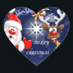 Santa en Reindeer Merry Christmass Happy Cartoon Hart Sticker<br><div class="desc">"Ho Ho Ho! Kerstmis is hier! Vrolijk kerstman voor iedereen!" Fijne en Cute Santa met duim omhoog,  die Kerstmis vieren met zijn Boeddy,  de Funny Reindeer - Cartoon Characters. Ontwerp onder exclusieve © BluedarkArt.</div>