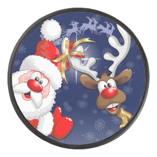 Santa en Reindeer Merry Christmass Happy Cartoon Hockey Puck (Voorkant)