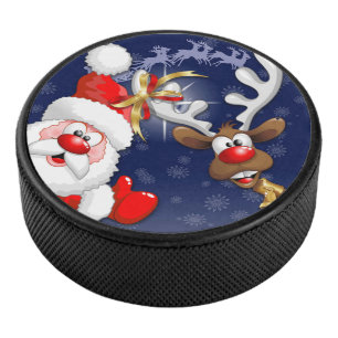 Santa en Reindeer Merry Christmass Happy Cartoon Hockey Puck