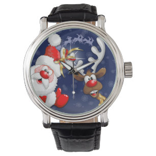 Santa en Reindeer Merry Christmass Happy Cartoon Horloge