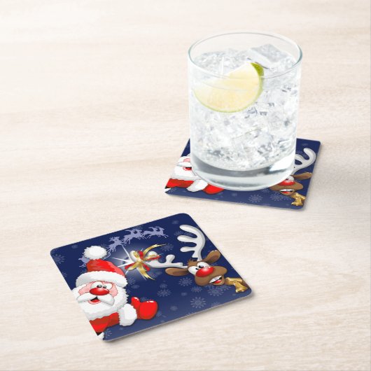 Santa en Reindeer Merry Christmass Happy Cartoon Kartonnen Onderzetters (Insitu)
