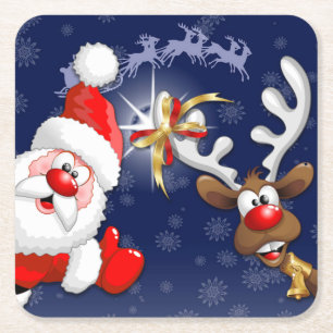 Santa en Reindeer Merry Christmass Happy Cartoon Kartonnen Onderzetters