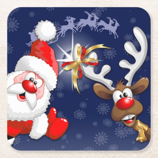 Santa en Reindeer Merry Christmass Happy Cartoon Kartonnen Onderzetters (Voorkant)