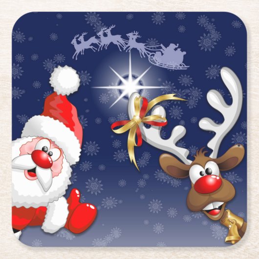 Santa en Reindeer Merry Christmass Happy Cartoon Kartonnen Onderzetters (Voorkant)