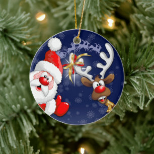 Santa en Reindeer Merry Christmass Happy Cartoon Keramisch Ornament