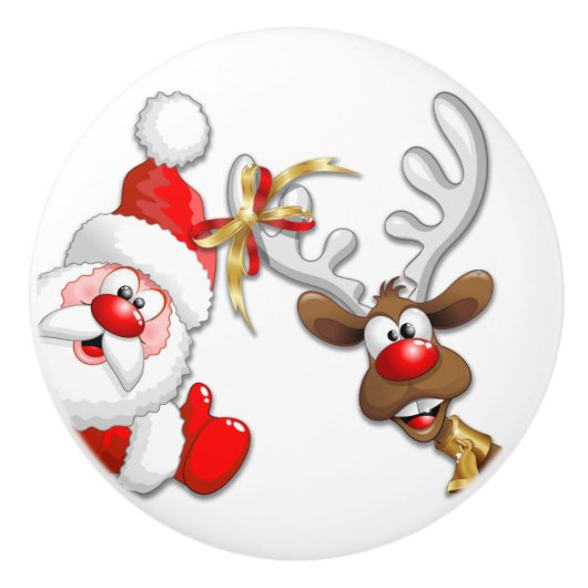 Santa en Reindeer Merry Christmass Happy Cartoon Keramische Knop (Voorkant)