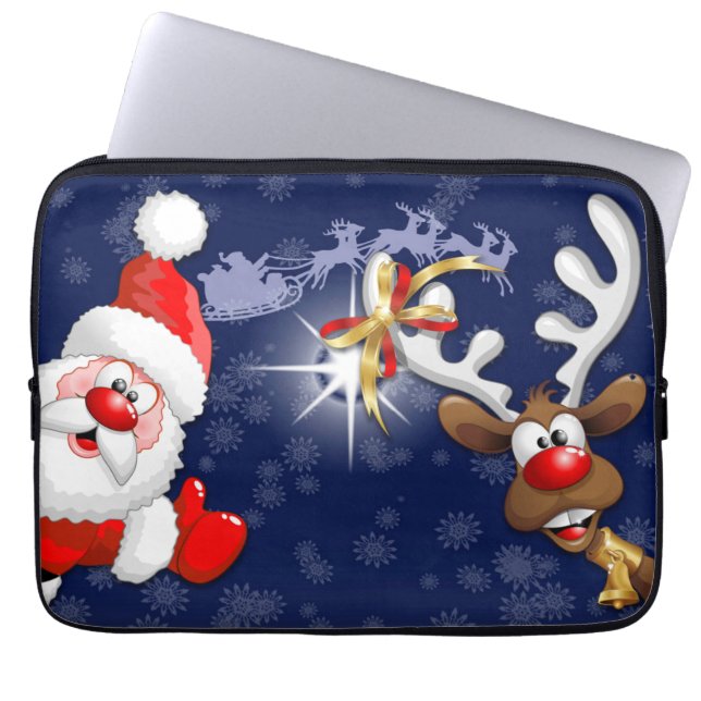 Santa en Reindeer Merry Christmass Happy Cartoon Laptop Sleeve (Voorkant)