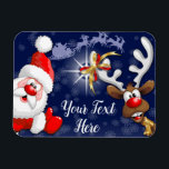 Santa en Reindeer Merry Christmass Happy Cartoon Magneet<br><div class="desc">"Ho Ho Ho! Kerstmis is hier! Vrolijk kerstman voor iedereen!" Fijne en Cute Santa met duim omhoog,  die Kerstmis vieren met zijn Boeddy,  de Funny Reindeer - Cartoon Characters. Ontwerp onder exclusieve © BluedarkArt.</div>
