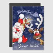 Santa en Reindeer Merry Christmass Happy Cartoon Magnetische Uitnodiging (Voorkant / Achterkant)