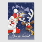 Santa en Reindeer Merry Christmass Happy Cartoon Magnetische Uitnodiging (Voorkant)